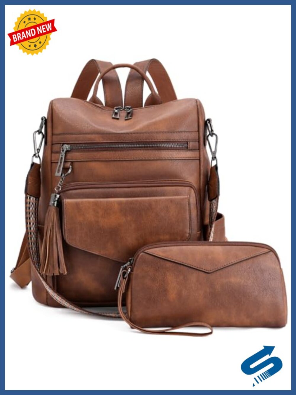 Faux Leather Fashion Backpack Purse Convertible Shoulder Bag with Wristlet